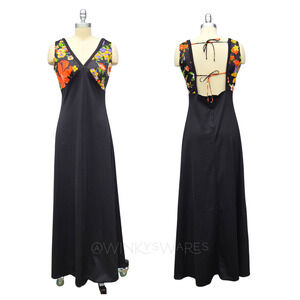 Vintage 60s 70s Black Maxi Dress Size M L Floral Tie Back Mod Retro Tiki V Neck